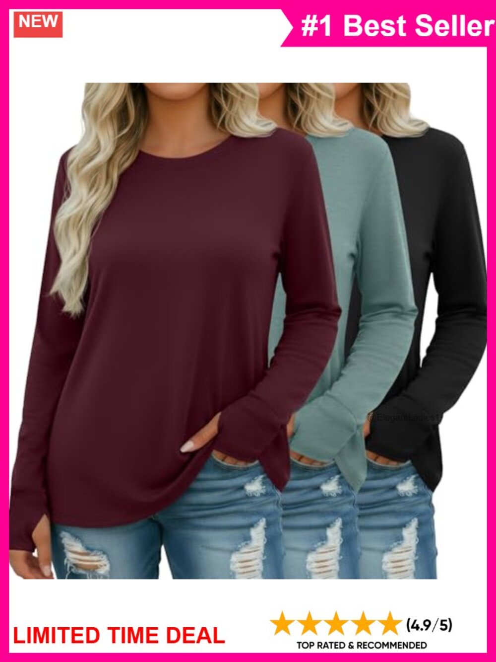 Womens Plus Size Cotton Long Sleeve Thumb Hole Shirts 3 Pack Loose Fit Crew Neck